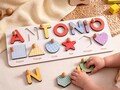 Personalized Wooden Name Puzzle, Montessori Baby Gift, Shapes, Numbers, Pegs