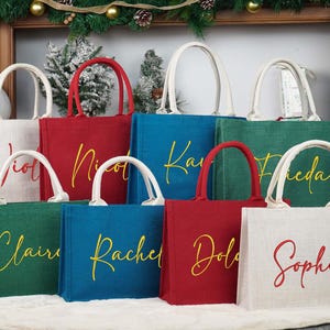 Bolsa de Navidad de arpillera bordada personalizada, bolsa de regalo de Navidad con nombre, bolsa de fiesta de Navidad, bolsa de regalo roja, bolsa de regalo de Nochebuena, bolsa de regalo de Navidad