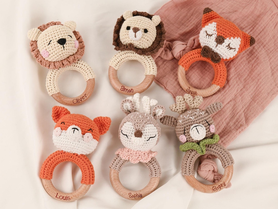 Personalized Crochet Baby Rattle Toy for Girls and Boys, Custom Wooden ...