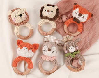 Sonajero de crochet personalizado para bebés, sonajero de madera