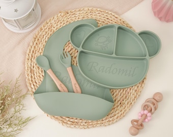 Custom Name Baby Feeding Set,Kid Name Weaning Set GiftKid,Silicone Weaning Set,Eco-Friendly Baby Plate, Engraved Baby Plate,Baby Shower Gift