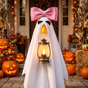 May include: A white ghost decoration featuring a large pink bow on top, black eye markings, and a yellow beak-like nose. The ghost is holding a vintage-style bronze lantern with a glowing light, creating a festive Halloween display.