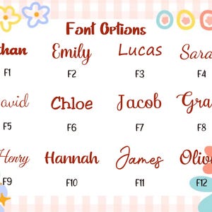 Puede incluir: Una tabla titulada Font Options que muestra doce estilos tipogr&aacute;ficos distintos etiquetados de F1 a F12. Cada estilo presenta un nombre de muestra en texto rojo oscuro, incluidos Ethan, Emily, Lucas, Sarah, David, Chloe, Jacob, Grace, Henry, Hannah, James y Olivia.