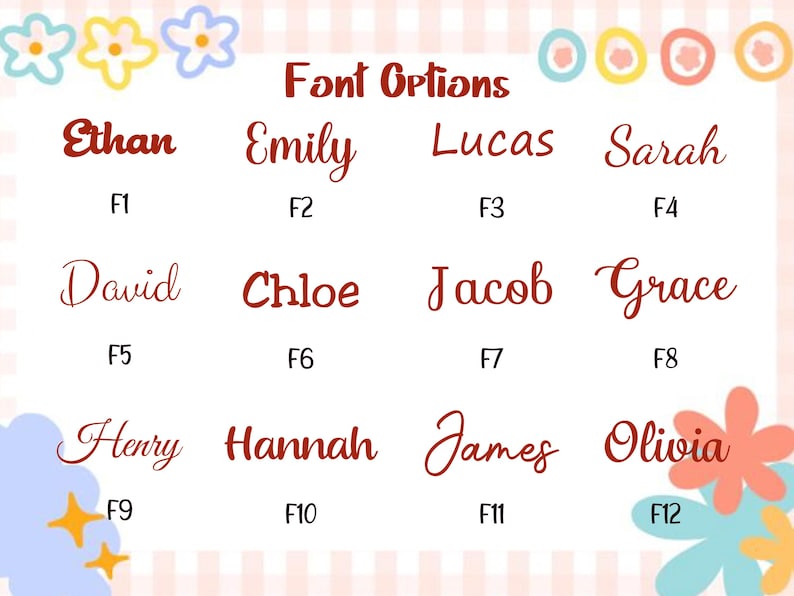 Puede incluir: Una tabla titulada Font Options que muestra doce estilos tipogr&aacute;ficos distintos etiquetados de F1 a F12. Cada estilo presenta un nombre de muestra en texto rojo oscuro, incluidos Ethan, Emily, Lucas, Sarah, David, Chloe, Jacob, Grace, Henry, Hannah, James y Olivia.