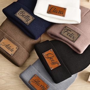 Personalized Newborn Baby Name Beanie Hat,Leather Patch Baby Beanies,Infant Beanie with Name,Kid Knitted Beanies Hat,Baby Shower Gifts