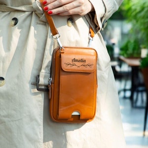 Portefeuille et sac à bandoulière pour téléphone en cuir, Personnalisation Portefeuille pour femme, Compartiment porte-cartes, Cadeau d'anniversaire, Cadeau de Noël, Pour femme