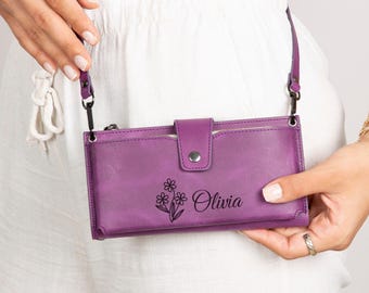 Personalized Leather Women's Wallet, Phone Compartment, Adjustable Shoulder Strap, Card Holder, Crossbody Phone Wallet, Mother's Day
