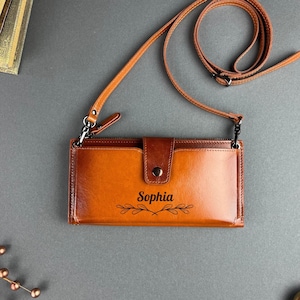 Personalized Leather Women's Wallet, Phone Compartment, Adjustable Shoulder Strap, Card Holder, Crossbody Phone Wallet, Mother's Day