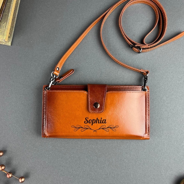 Personalized Leather Women's Wallet, Phone Compartment, Adjustable Shoulder Strap, Card Holder, Crossbody Phone Wallet, Mother's Day