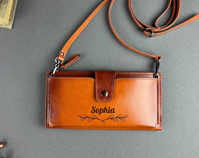 Personalized Leather Women's Wallet, Phone Compartment, Adjustable Shoulder Strap, Card Holder, Crossbody Phone Wallet, Mother's Day