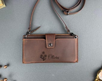 Women Leather Wallet, Phone Compartment, Zippered Compartment, Adjustable Shoulder Strap, Card Holder, Personalized Crossbody Phone Wallet