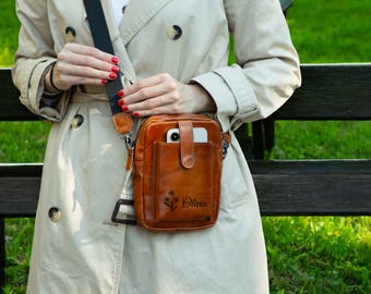 Crossbody Leather Bag with Phone Compartment, Modern Travel Accessory, Wallet, Soft Leather, Personalized Gift; Gift For Her, Gift For Wife