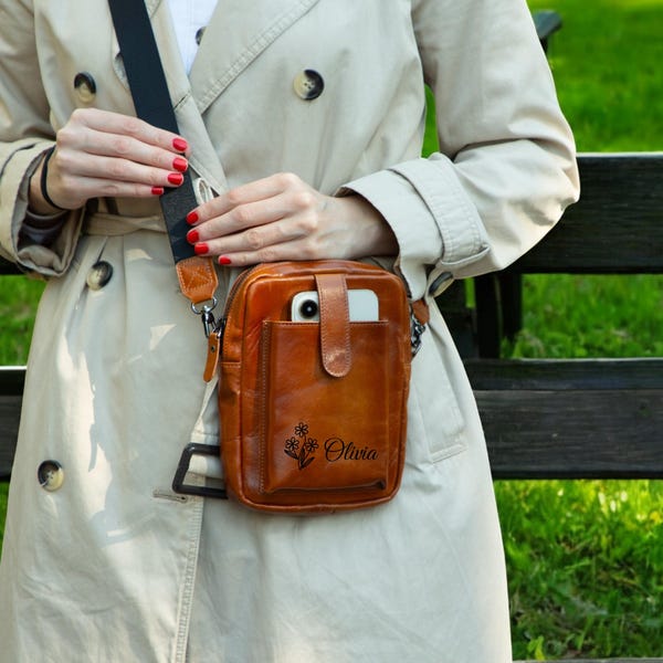 Crossbody Leather Bag with Phone Compartment, Modern Travel Accessory, Wallet, Soft Leather, Personalized Gift; Gift For Her, Gift For Wife