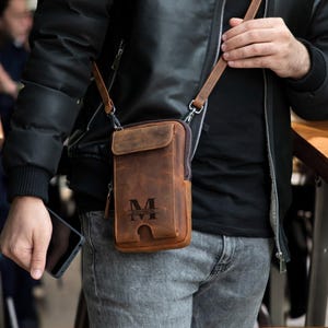 Étui pour téléphone et sac en cuir personnalisés pour homme, sac à bandoulière, porte-cartes et double compartiment à fermeture éclair, cadeau d'anniversaire, cadeau de Noël