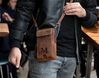 Personalized Leather Men's Phone Case and Bag, Crossbody Bag, Card holder and double Zippered Compartment, Anniversary Gift, Christmas Gift