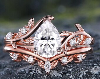 Vintage Pear Moissanite Engagement Ring Set, Rose Gold Twig Bridal Ring