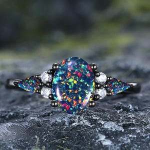 Natuurlijke Black Opal Ring Sterlingzilver Black Opal Ring Fire Opal Ring Black Fire Opal Ring Oval Black Opal Ring Oktober Birthstone Ring