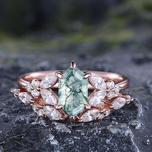 Cluster Green Moss Agate Engagement Ring Set 14K Rose Gold Marquise Diamond Ring Set Women Unique Bridal Wedding Ring Set Anniversary Gift