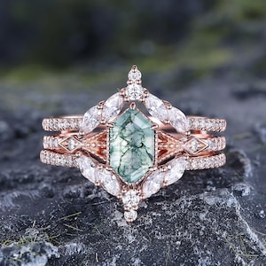 Vintage Hexagon Cut Moosachat Verlobungsring Set, Einzigartige Rose Gold Moissanite Diamant, Moosachat Hochzeit Braut Set Versprechen Jahrestag