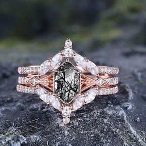 Salt and Pepper Crystal Ring Rose Gold Cluster Engagement Ring Black Rutilated Quartz Ring Crystal Engagement Ring Long Hexagon Ring 3pcs