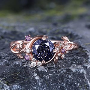 Black Moon Star Galaxy Nebula Ring Nature Inspired Leaf Blue Sandstone Engagement Ring Rose Gold Amethyst Cluster Promise Bridal Ring Set