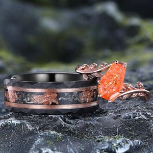 Leaves Twig Promise Couple Ring Set Coffin Sunstone Ring Delicate Sunstone Ring Customized His and Hers Wedding Band Tungsten Carbide Ring