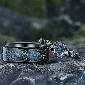 Black Opal Couple Ring Set Men and Women Black Gold Wedding Ring Set Engagement Ring Promise Ring Birthstone Ring Matching Ring Gift for Her