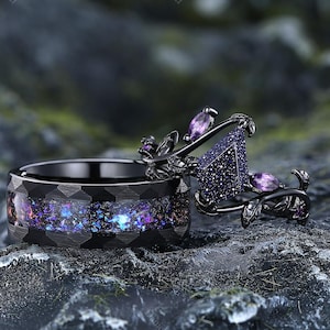 Vintage Kite Blue Sandstone Engagement Couple Ring Set Galaxy Sandstone Ring Black Gold Promise Ring Starry Night Ring Space Ring Gifts