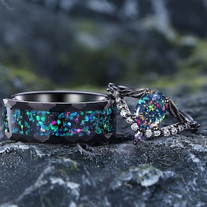 Natural Black Opal Ring Couple Ring Set Black Gold Black Opal Ring Oval Black Opal Ring October Birthstone Ring Handmade Ring Tungsten Ring