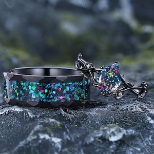 Gothic Pear Shape Black Opal Engagement Ring Couple Ring Set Tungsten Ring Witchy Black Gold Promise Ring Black Wedding Anniversary Ring