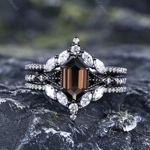 Hexagon Cut Smoky Quartz Engagement Ring Set Unique Women Diamond Halo Bridal Ring Set Black Gold Stacking Wedding Ring Anniversary Jewelry