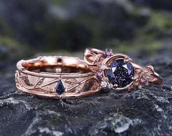 Vintage Blue Sandstone Round Cut Couple Wedding Ring Cresent Moon Amethyst Accent Ring Men Tungsten Carbide Ring Unique Proposal Ring Set
