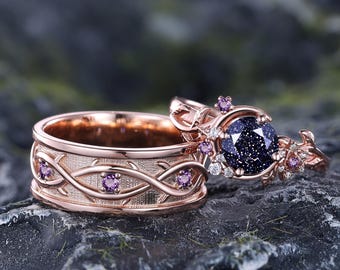 Rose Gold Blue Sandstone Couple Wedding Ring Set Cresent Moon Twig Engagement Ring Set Promise Bridal Ring Set for His and Hers
