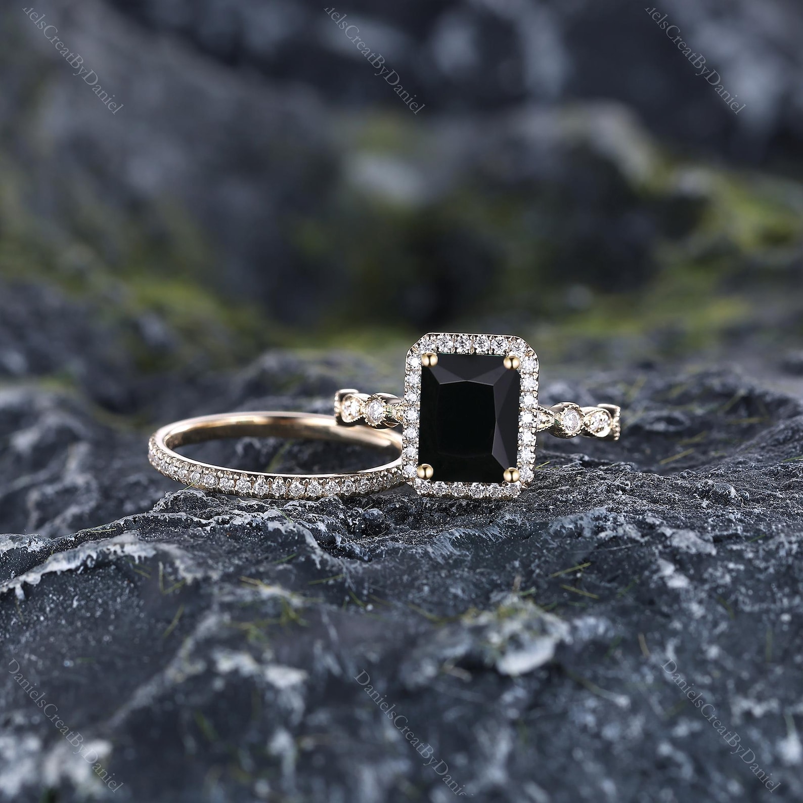 Emerald Cut Black Onyx Wedding Ring Set Antique Diamond Bridal Emerald Cut Black Onyx Wedding Ring Set Antique Diamond Bridal