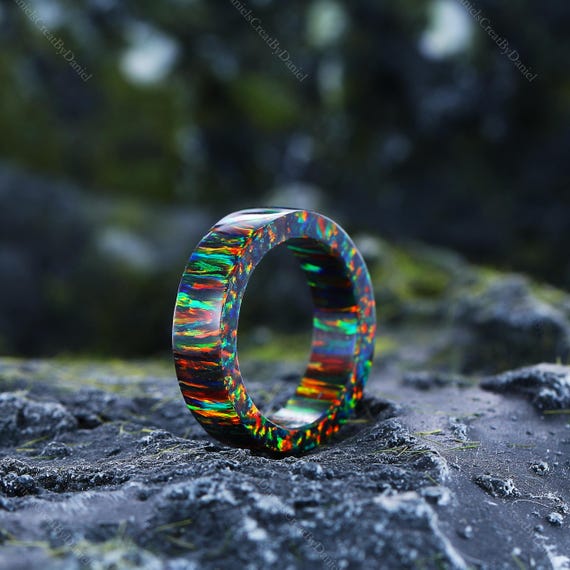 Black Fire Opal Wedding Band Rainbow Ring Men Full Eternity Dainty