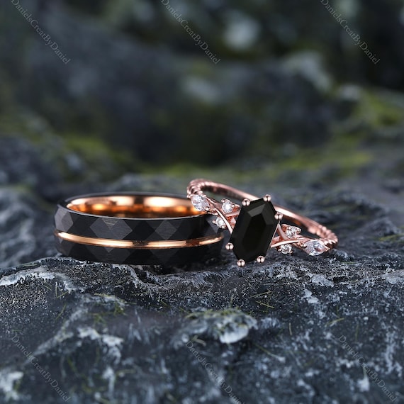 2pc Black Onyx Couple Ring Set Unique Rose Gold Male and Female