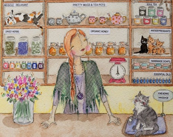 The Happy Apothecary - whimsical A5 greeting card - cat fundraising - shipping incl. in price