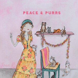 Peace & Purrs, cat art, cat and girl, cat lover, crazy cat lady, cat gift, image 1