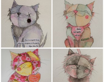 Exquisite beauties - set of 4 whimsical illustrated cat fundraising cards - blank inside - price incl. shipping!