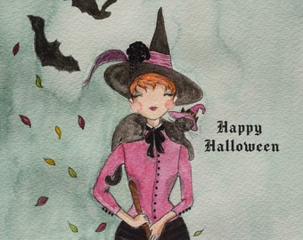 Happy Halloween, Halloween card, Crazy Cat Lady, Witch - blank A5 greeting card incl. envelope, free shipping!