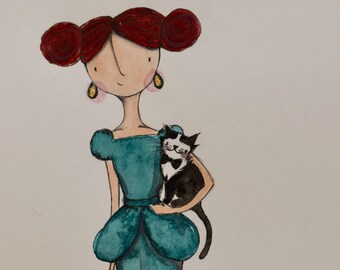 Red carpet arm candy - 1 A5 whimsical cat card + envelope - cat fundraising