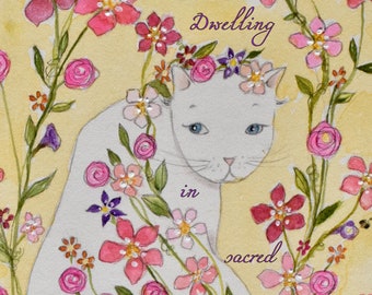 Dwelling in sacred places, archival print, Giclée, cat art, cat print, cat and flowers