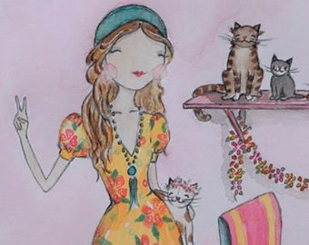 Hip crazy cat lady, blank A5 greeting card incl. white envelope +  biodegradable cello sleeve