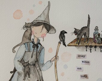 Halloween - Crazy witch cat lady - A5 card - fundraising for rescue cats - price includes shipping!