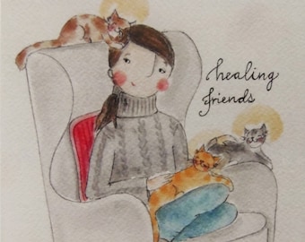 Healing friends - A5 blank greeting card - cats - cat lovers - free shipping