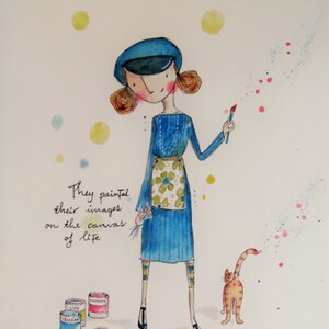 Peintures fille et chaton - impression de carte A5, frais de port inclus - collecte de fonds pour chat