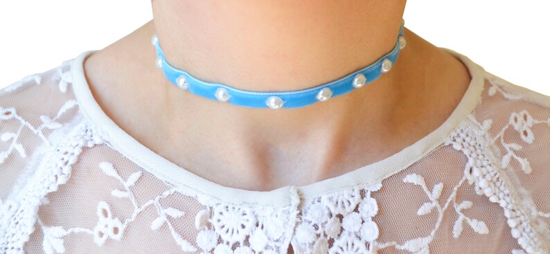 Velvet choker handmade blue embroidered pearl delicate beaded summer festivals