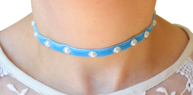 Velvet choker handmade blue embroidered pearl delicate beaded summer festivals