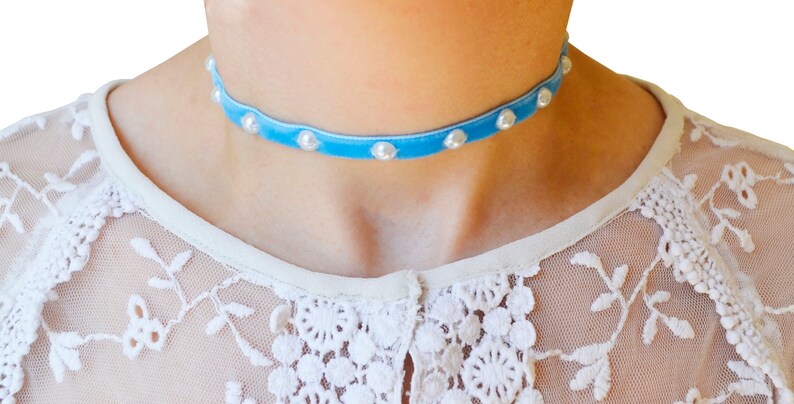 Velvet choker handmade blue embroidered pearl delicate beaded summer festivals