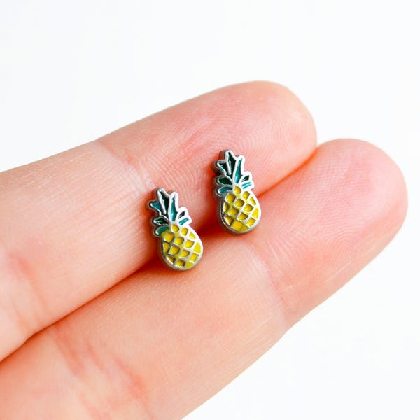 Pineapple Earrings, Tropical Fruit Earrings, Handmade Earrings, Tiny Enamel Studs Kawaii Posts Hipster Trendy Miniature Posts, Gifts for Her